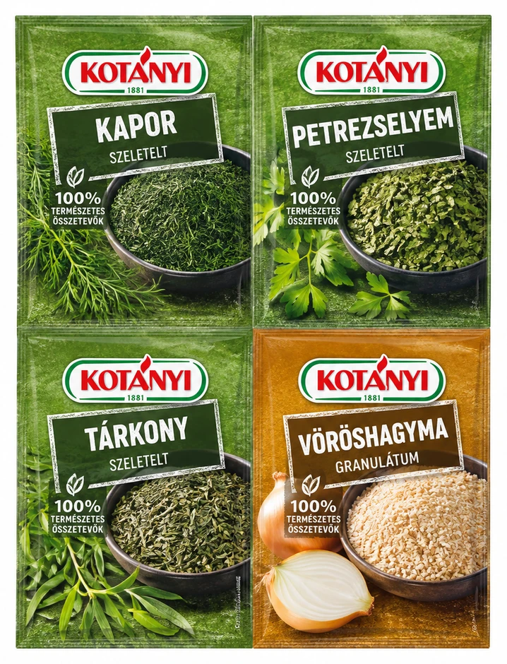 Kotányi Kapor szeletelt, Petrezselyem, Tárkony, Vöröshagyma granulátum