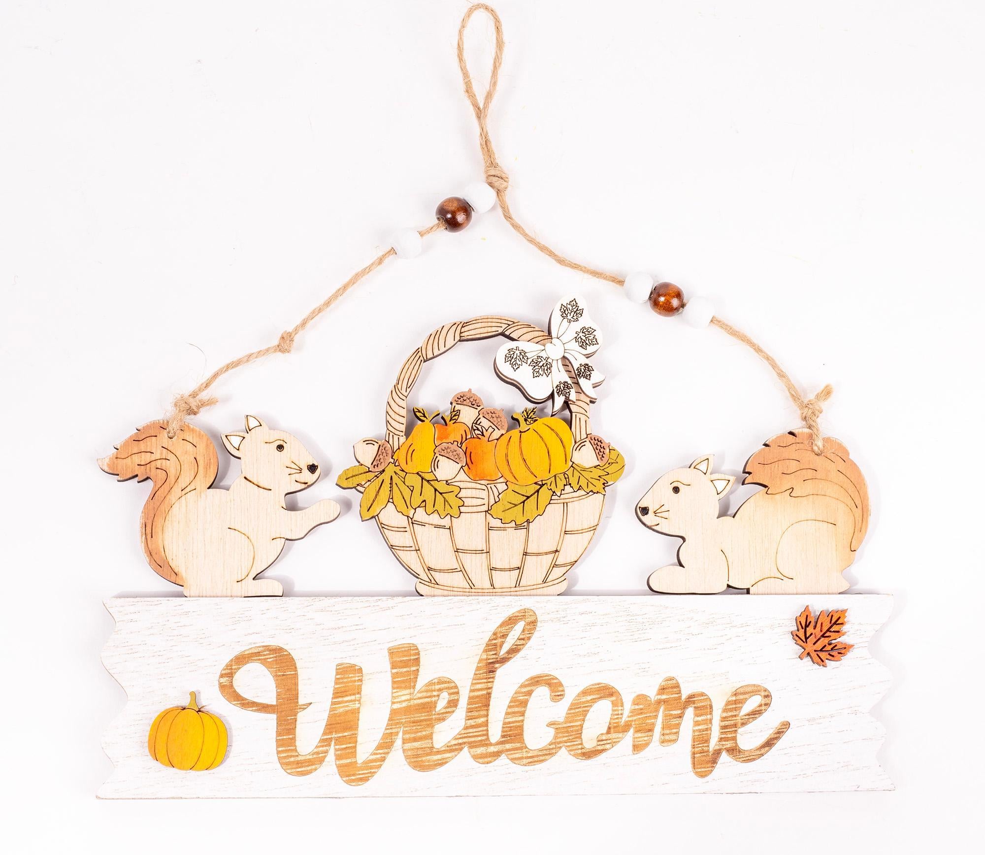 Fa kopogtató Welcome felírat 2 mókus kosárban 14 x 22 cm